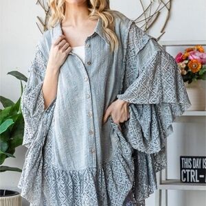 Oli & Hali Washed Lace Ruffle Front Shirt Blue Size M